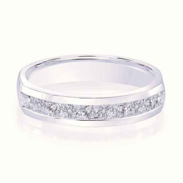 White gold wedding band with diamond accents on a white background.