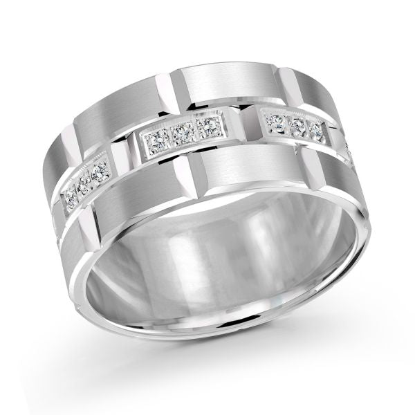 White Gold and Silver men's wedding band with diamond accents on a white background.