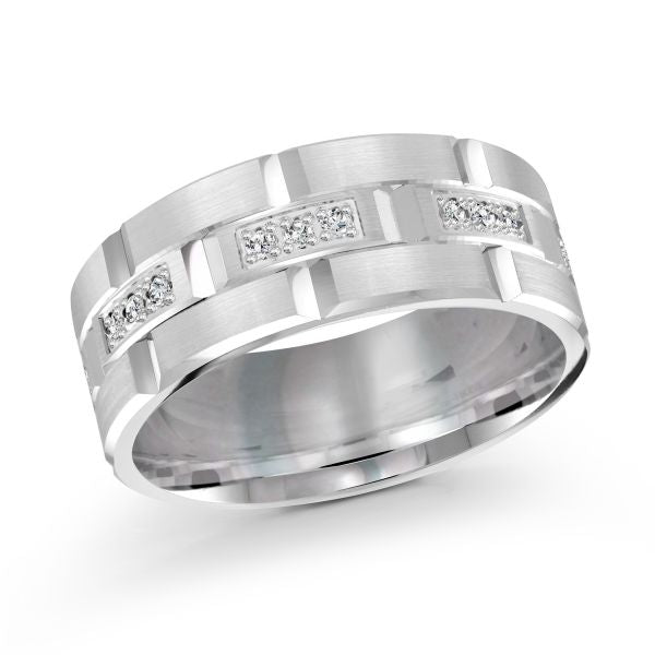 Silver men's wedding band with diamond accents on a white background.
