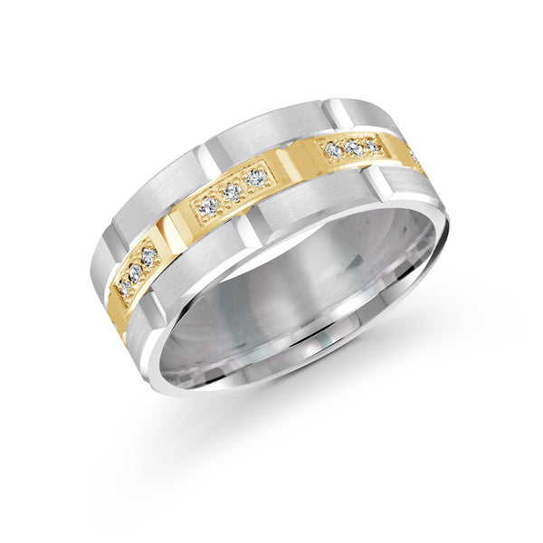 Two tone Gold and Silver men's wedding band with diamond accents on a white background.