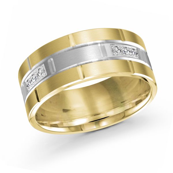 Two tone Gold and Silver men's wedding band with diamond accents on a white background.