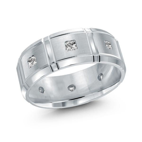 White Gold and Silver men's wedding band with diamond accents on a white background.