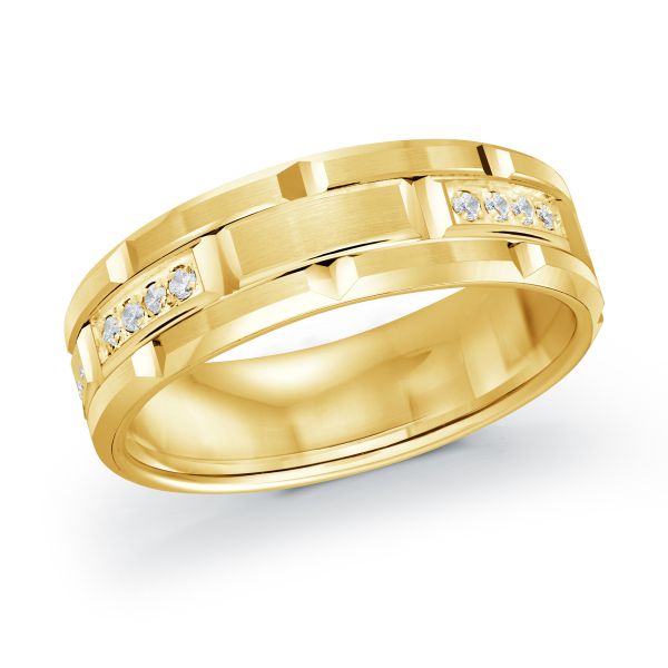 Gold wedding band with diamond accents on a white background.