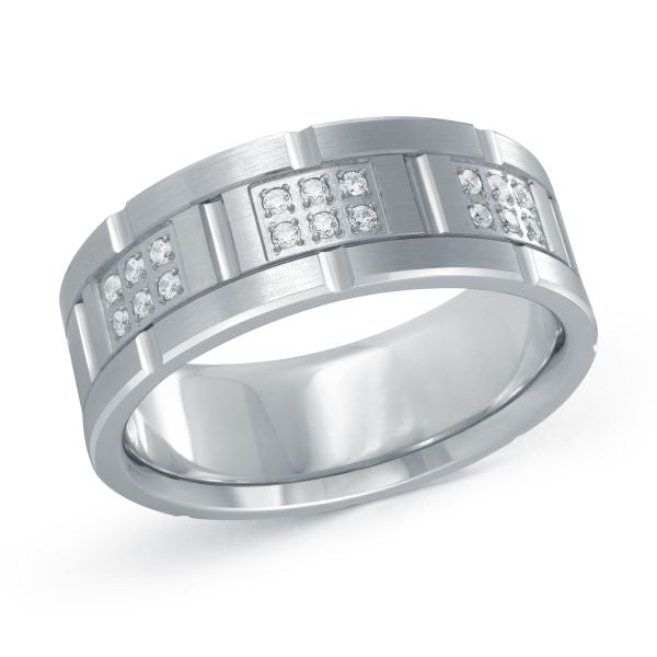 White gold wedding band with diamond accents on a white background.