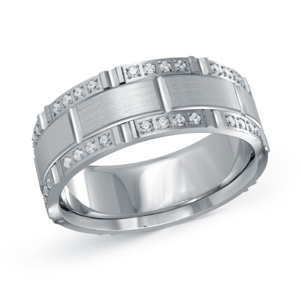 White gold wedding band with diamond accents on a white background.