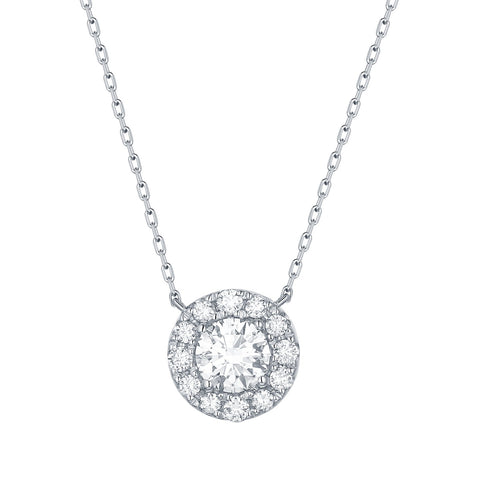 lab created diamond halo necklace on chain white gold