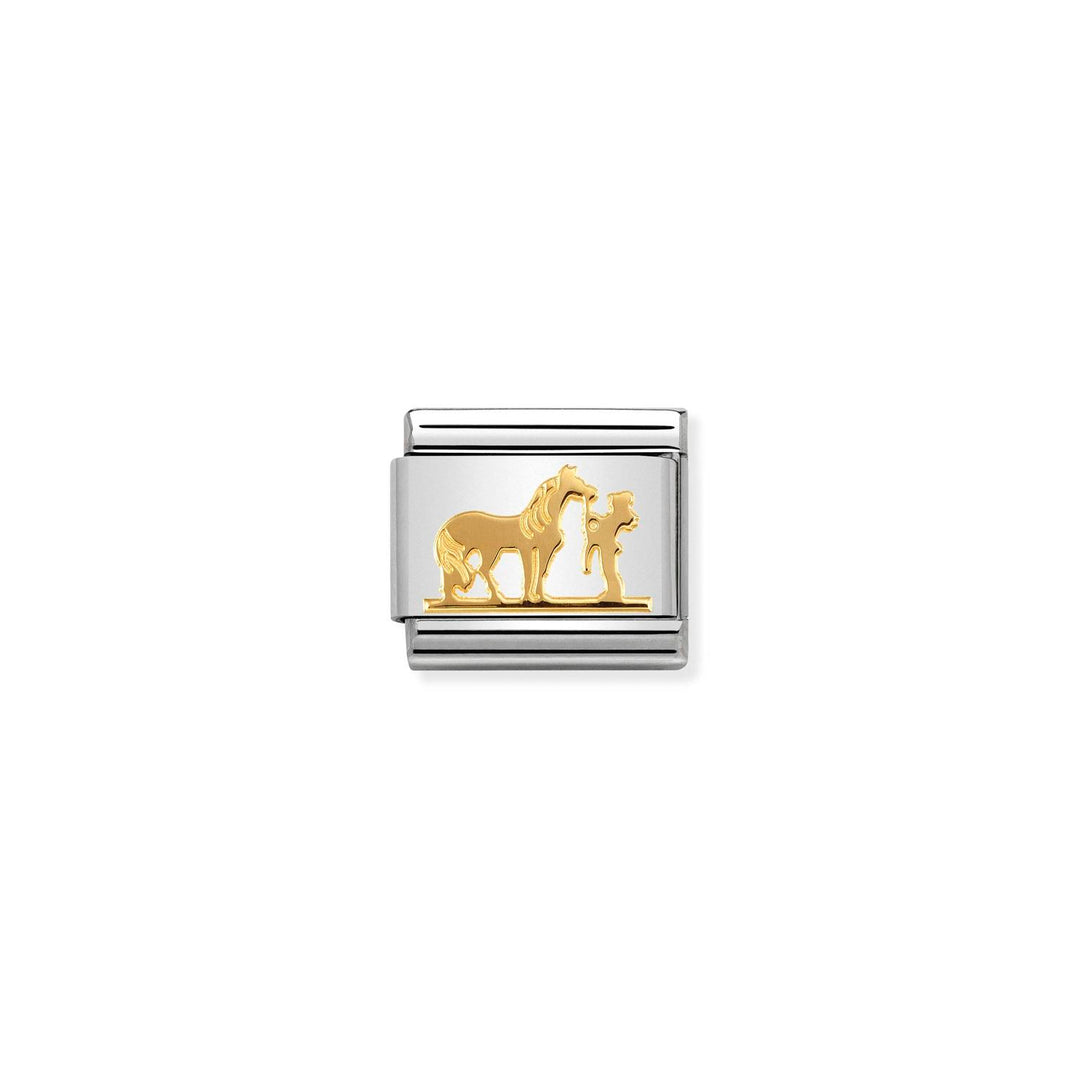 Composable Charm Link - "Horse with Rider" in Stainless Steel with 18k Yellow Gold and Enamel #13102