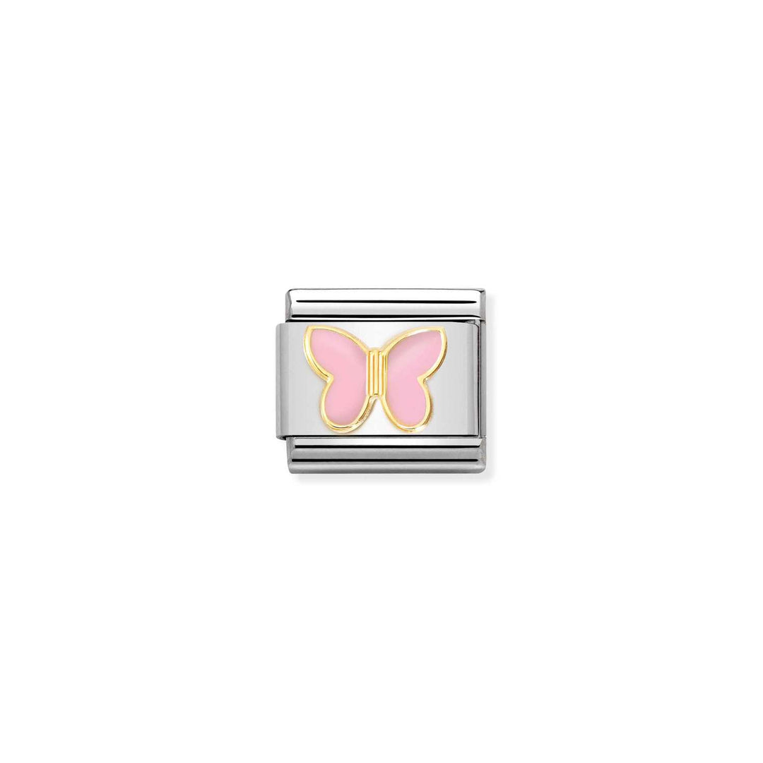 Composable Charm Link - "Pink Butterfly" in Stainless Steel with 18k Yellow Gold and Pink Enamel #13232