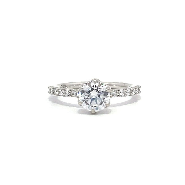 White gold round-shaped diamond engagement ring with a diamond band on a white background.