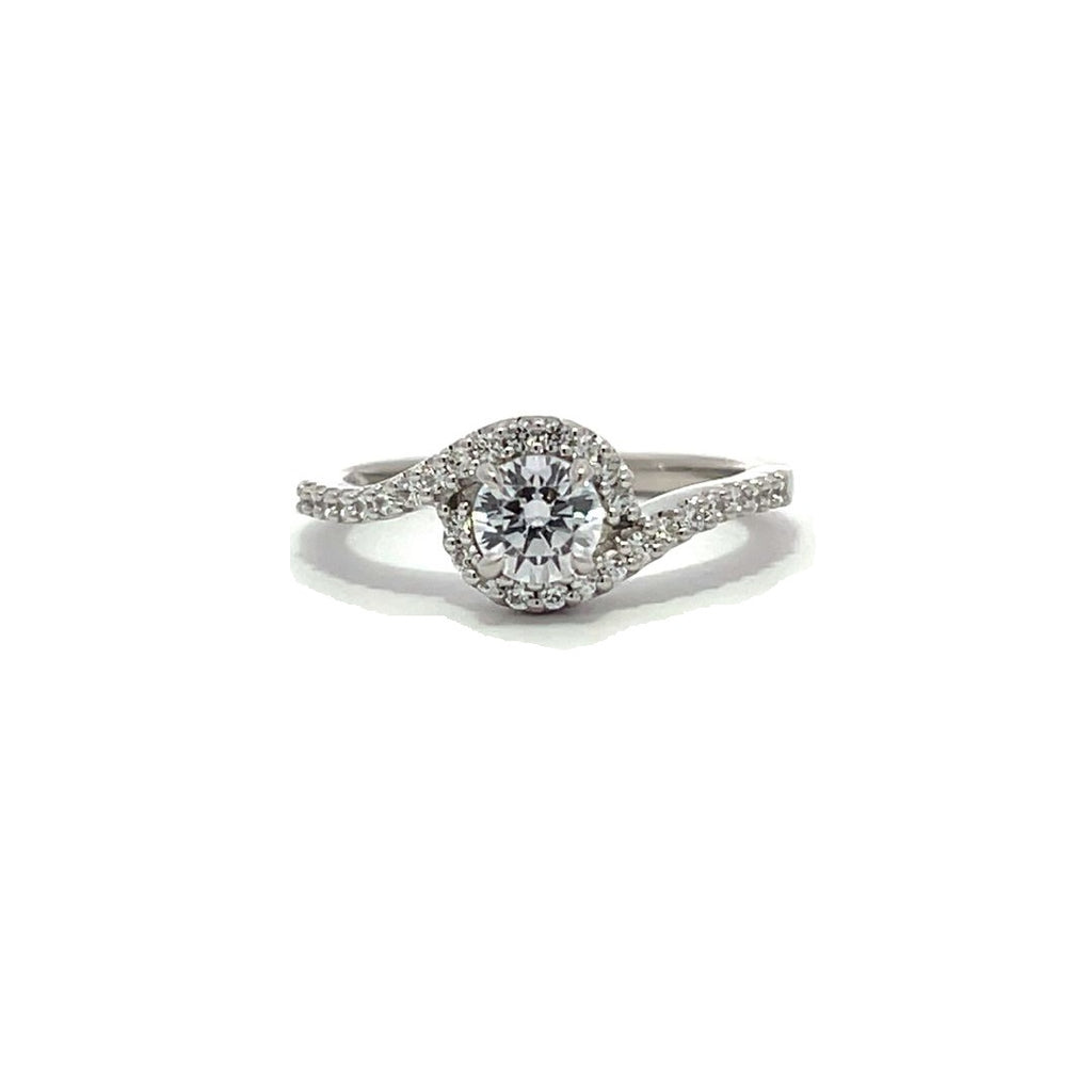 White gold diamond engagement ring with a halo setting and a split shank on a white background.