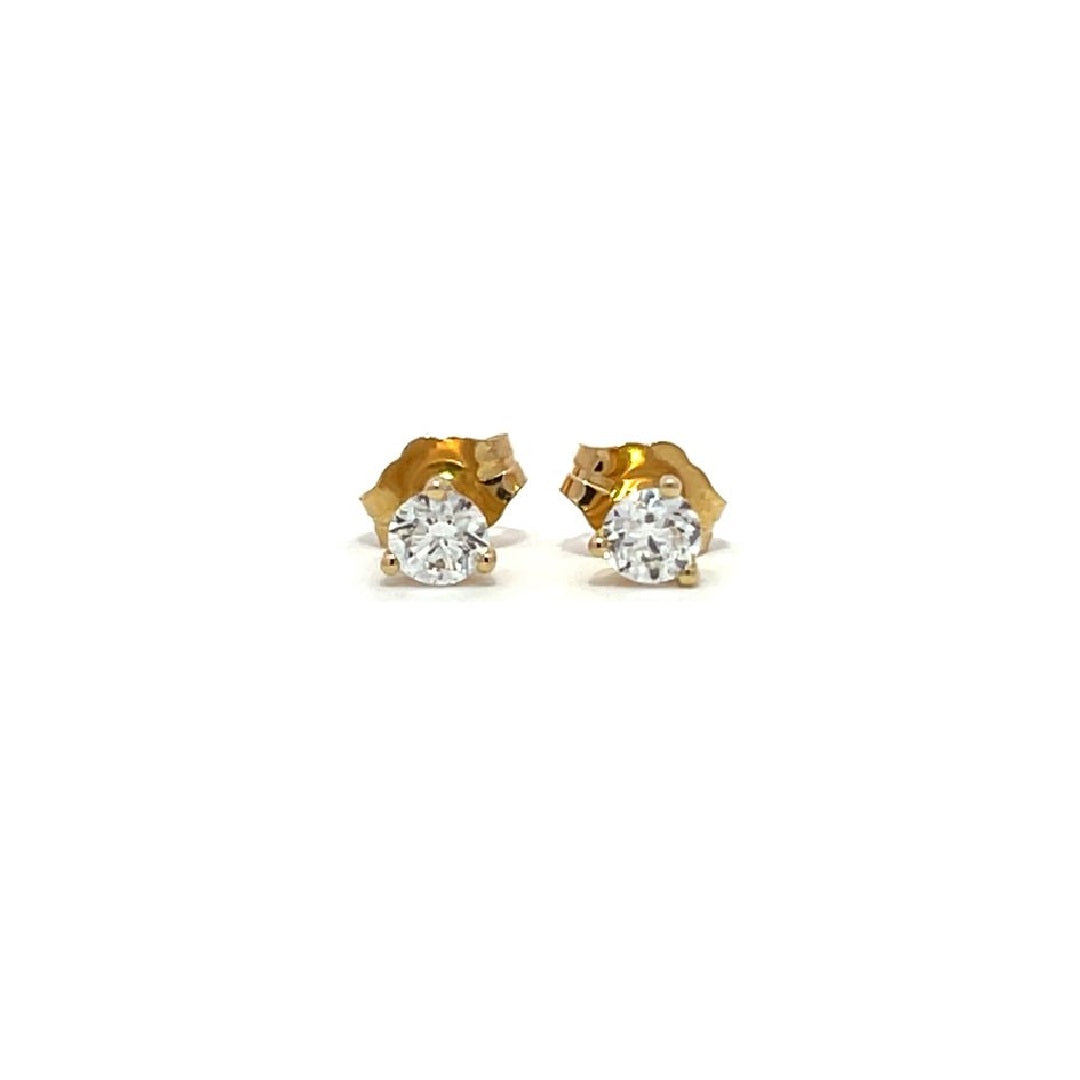 Pair of yellow gold stud earrings with round diamonds on a white background.