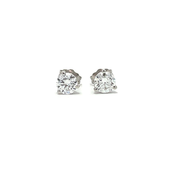 White gold stud earrings with round diamonds on a white background.