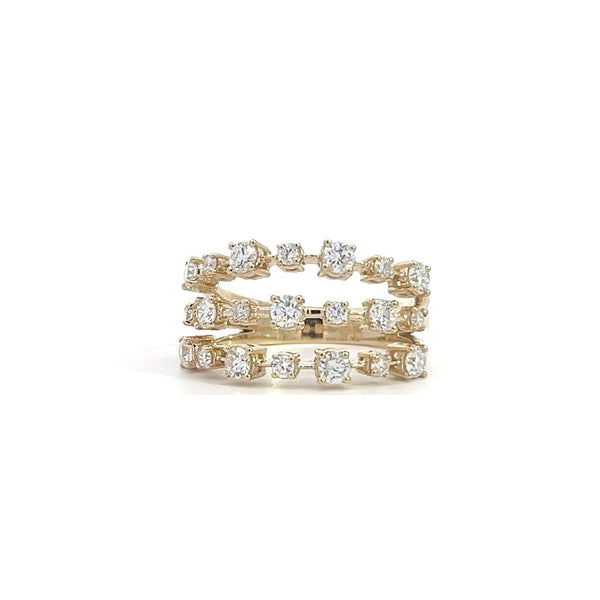 Yellow gold ring with three rows of diamonds, on a white background.