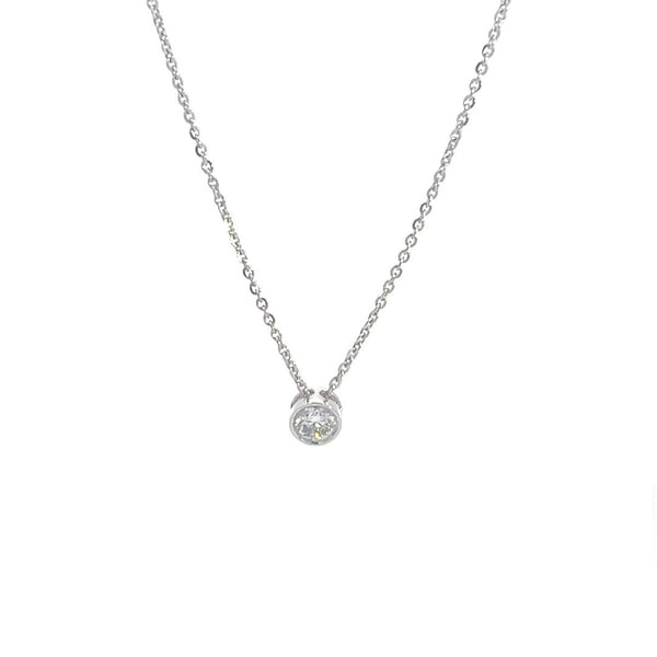 Silver necklace with a round diamond solitaire pendant on a white background.