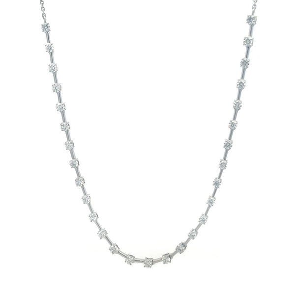 White gold necklace with a row of round diamonds on a white background.