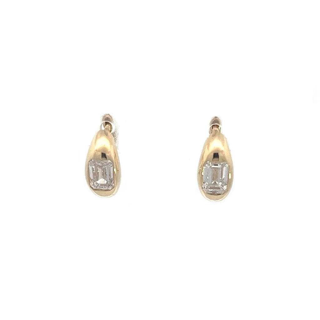 Yellow gold drop earrings with emerald-cut diamonds in an oval setting, on a white background.