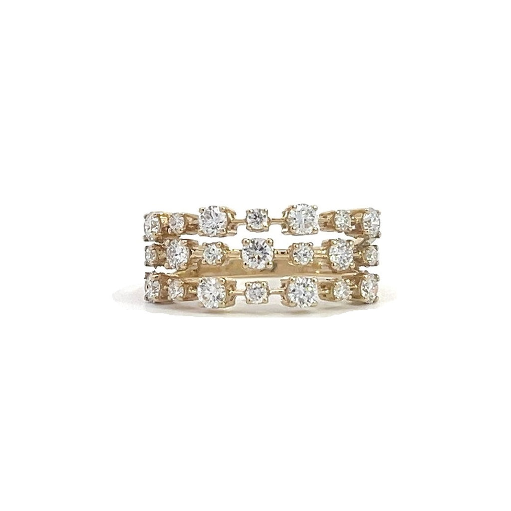 Yellow gold ring with three rows of diamonds, on a white background.