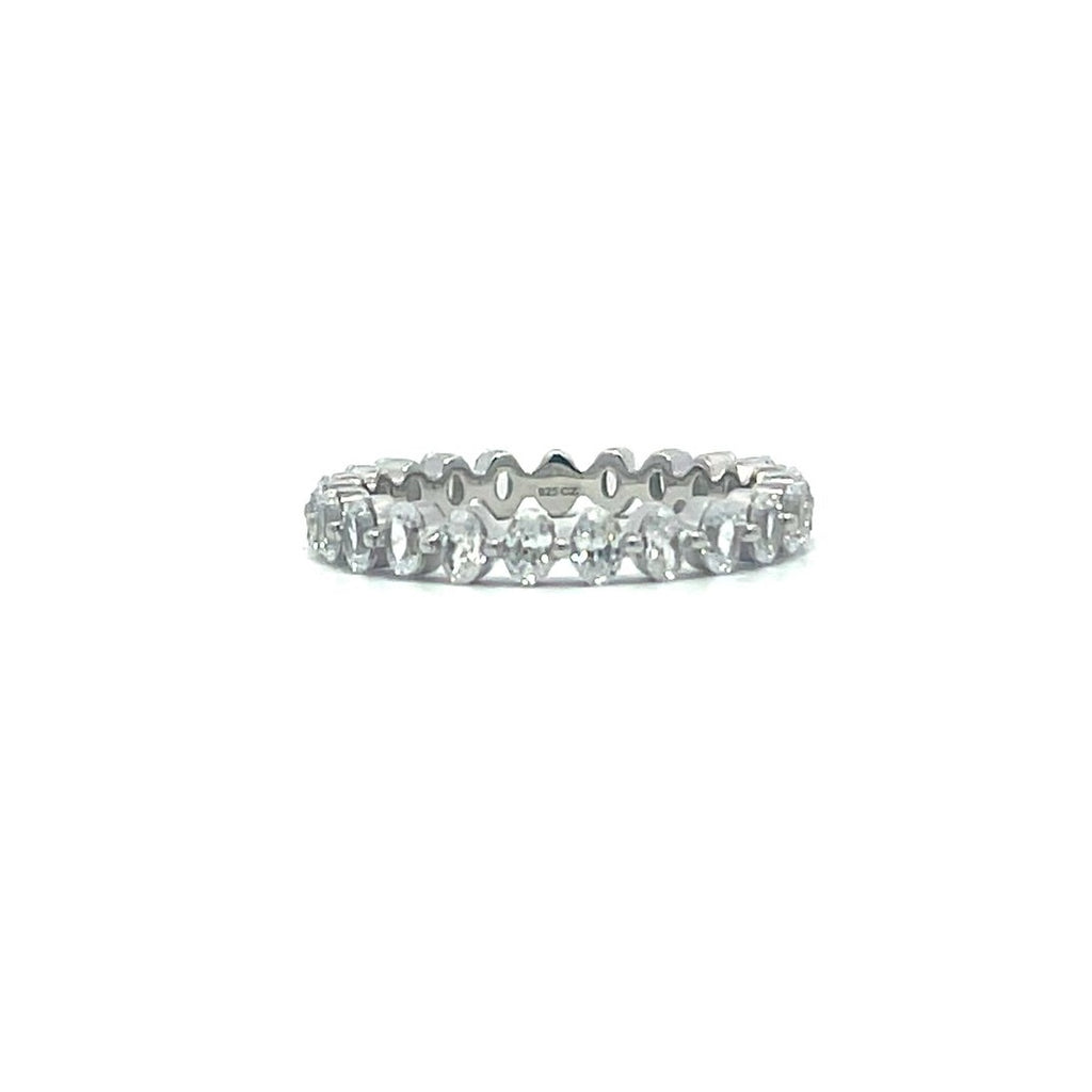 Silver eternity ring with pear-shaped stones on a white background