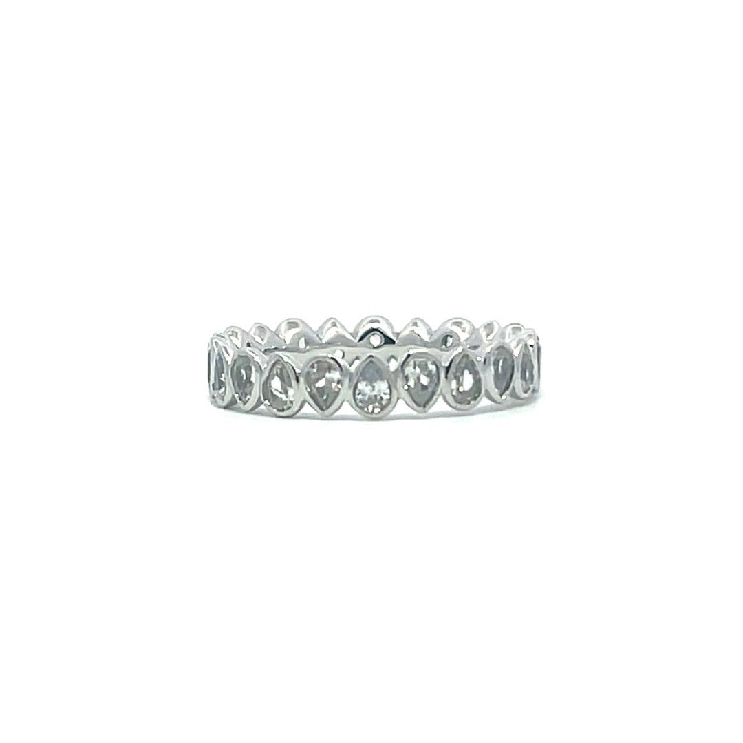 Silver eternity ring with pear-shaped stones on a white background