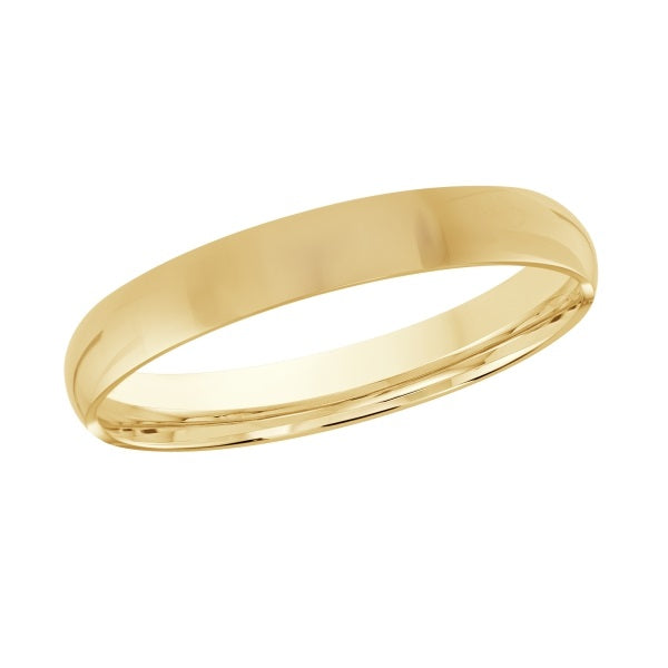 Gold wedding band on a white background.