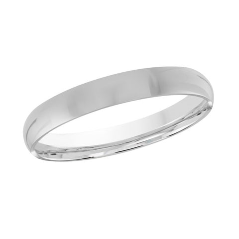 Silver wedding band on a white background.