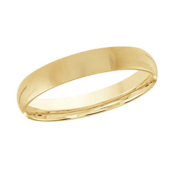 Gold wedding band on a white background.