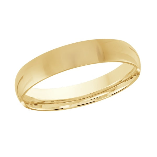 Gold wedding band on a white background.