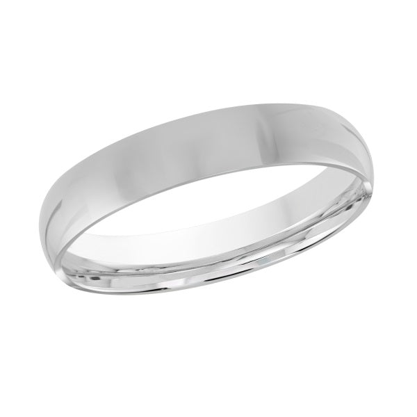 Silver wedding band on a white background.