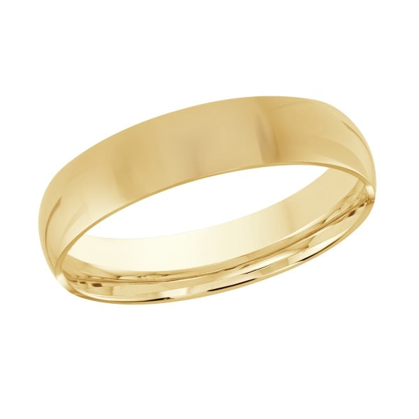 Gold wedding band on a white background.