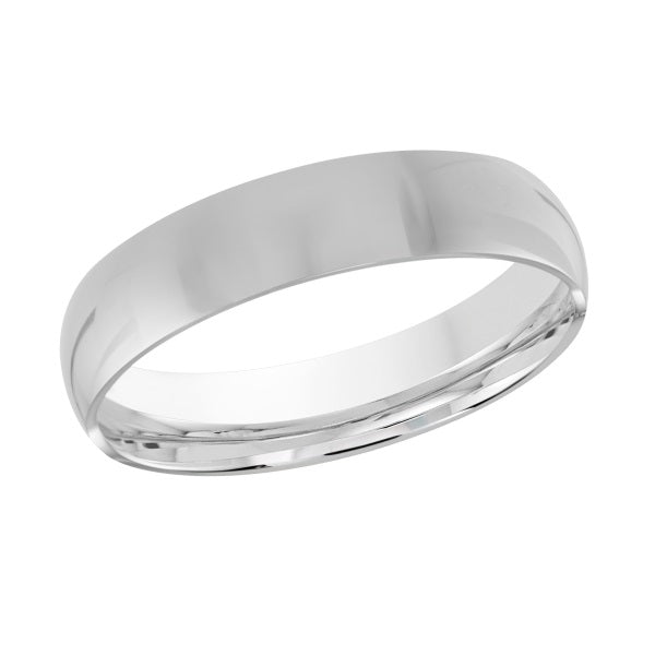 Silver wedding band on a white background.