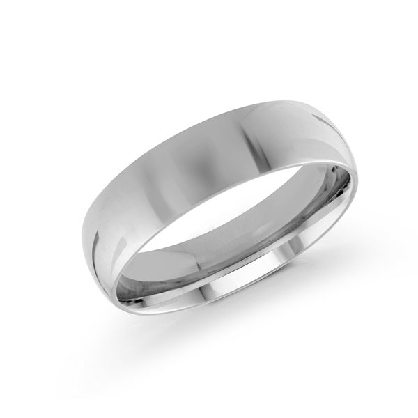 Silver wedding band on a white background.