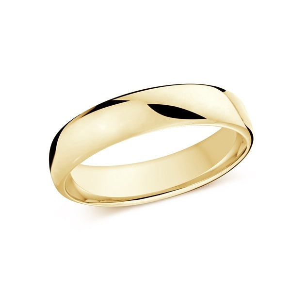 Gold wedding band on a white background.