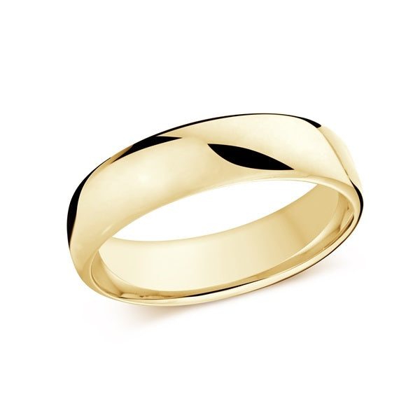 Gold wedding band on a white background.