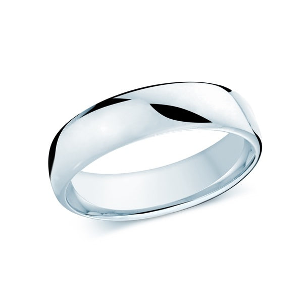 Silver wedding band on a white background.