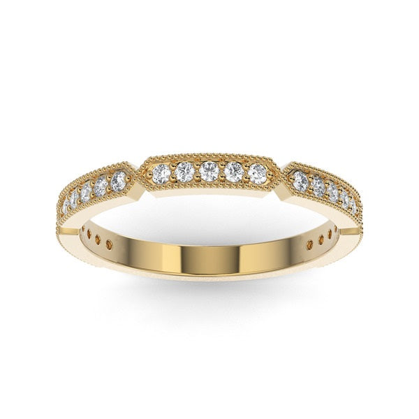 Gold wedding band with diamond accent on a white background.