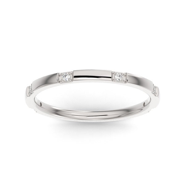 Silver wedding band with diamond accent on a white background.