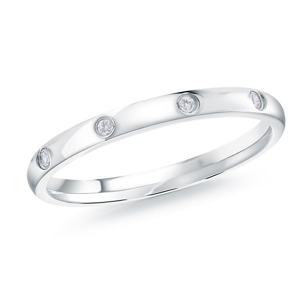 Silver wedding band with diamond accent on a white background.