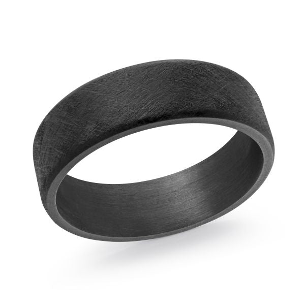 Black carbon fiber wedding band on a white background.