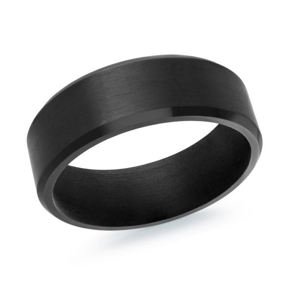 Black carbon fiber wedding band on a white background.