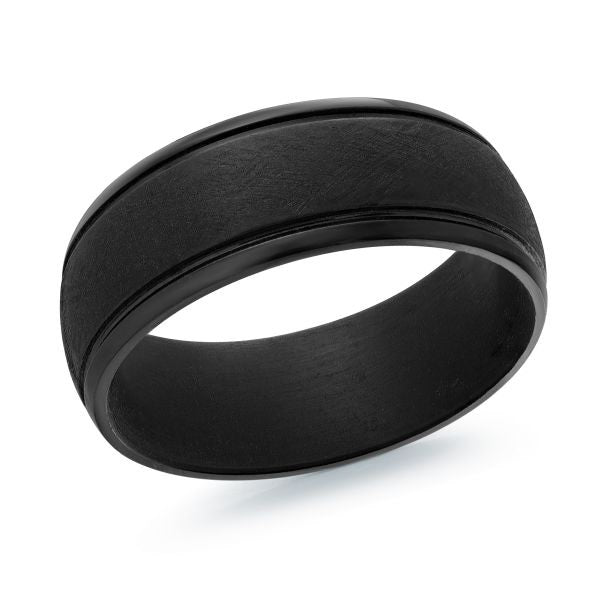 Black carbon fiber wedding band on a white background.