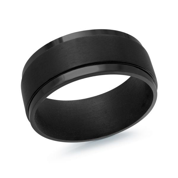 Black carbon fiber wedding band on a white background.