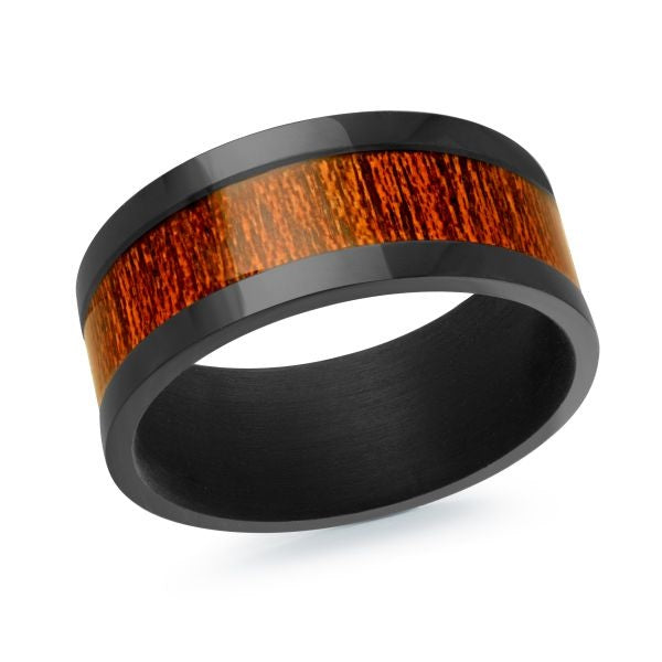 Black titanium ring with a wood inlay on a white background.