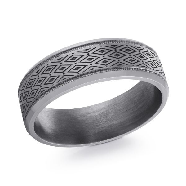 Titanium wedding band with a geometric diamond pattern on a white background.