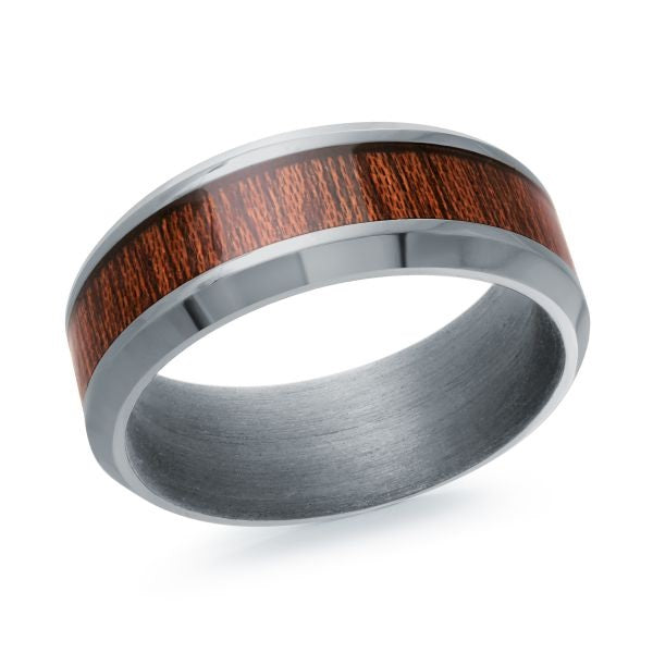 Titanium ring with a wood inlay on a white background.