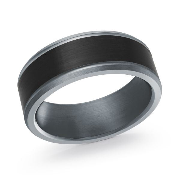 Gray titanium ring with a black carbon fiber inlay on a white background.