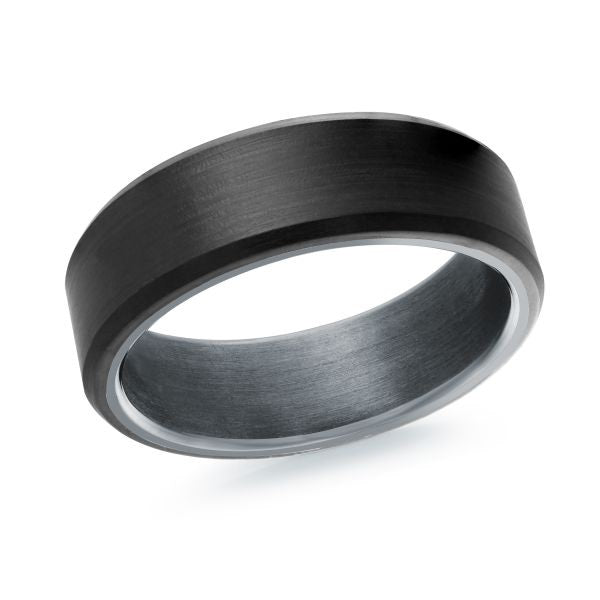 Gray titanium ring with a black carbon fiber inlay on a white background.