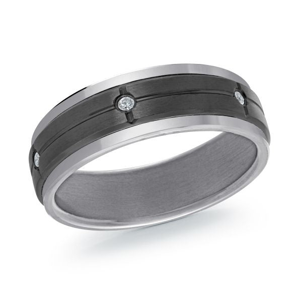 Titanium wedding band with a black carbon fiber inlay and diamond accents on a white background.