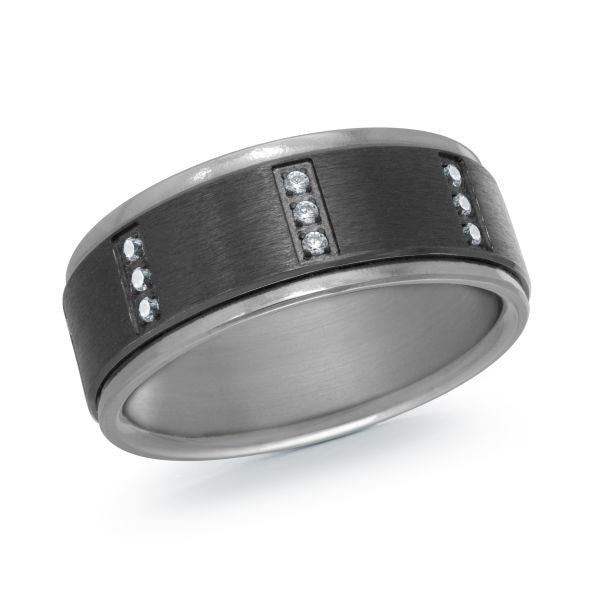 Titanium wedding band with a black carbon fiber inlay and diamond accents on a white background.