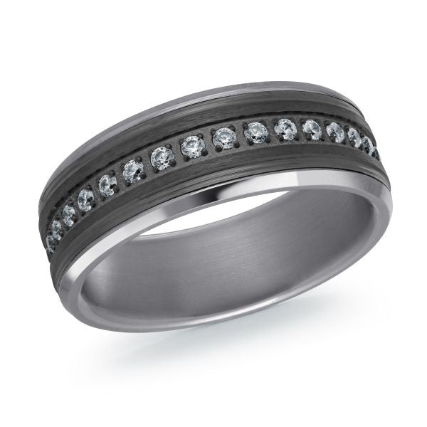 Titanium wedding band with a black carbon fiber inlay and diamond accents on a white background.