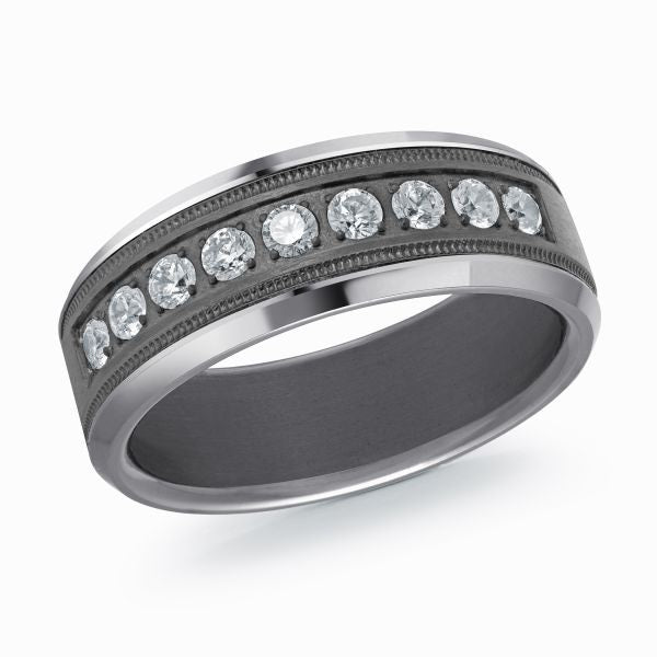 Titanium wedding band with a black carbon fiber inlay and diamond accents on a white background.